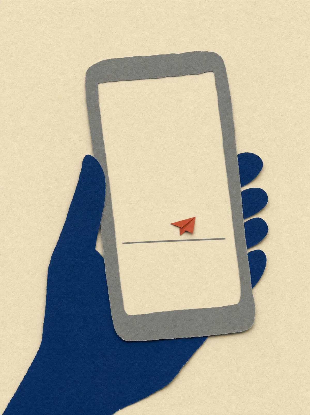 A paper hand holds a phone; the screen is empty except one line and a small red plane.