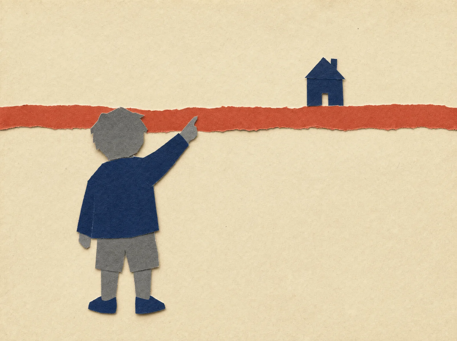 A paper child points across the red line at a small paper house.